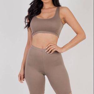 Solid Crop Tank Bra Top & Biker Shorts Active Set - Taupe S, M, L